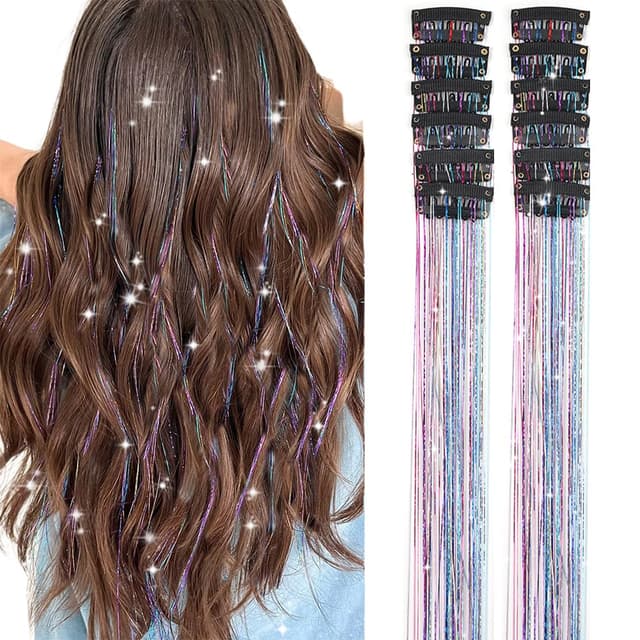 Detalle de Hair Tinsel Pack of 12 Clip-In Glitter Extensions (20 Inch) — Colorful Party Hair Accessories for Women & Girls
