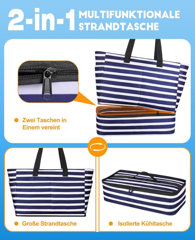 Detalle de ISEYOU Strandtasche XXL Familie mit Kühltasche (49 L) – faltbare Badetasche wasserdicht & sanddicht mit Reißverschluss