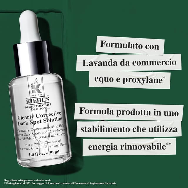 Detalle de Kiehl’s Clearly Corrective Dark Spot Solution – siero viso illuminante per macchie scure e discromie, con vitamina C attiva e acido salicilico tamponato, 30 ml