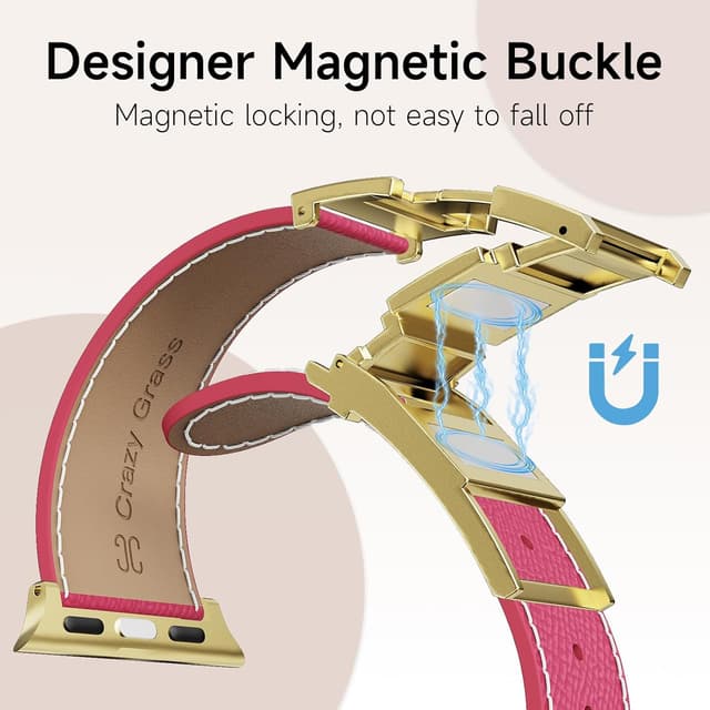 Detalle de Genuine Leather Designer Replacement Strap with Magnetic H Buckle for Apple Watch (49mm–38mm)