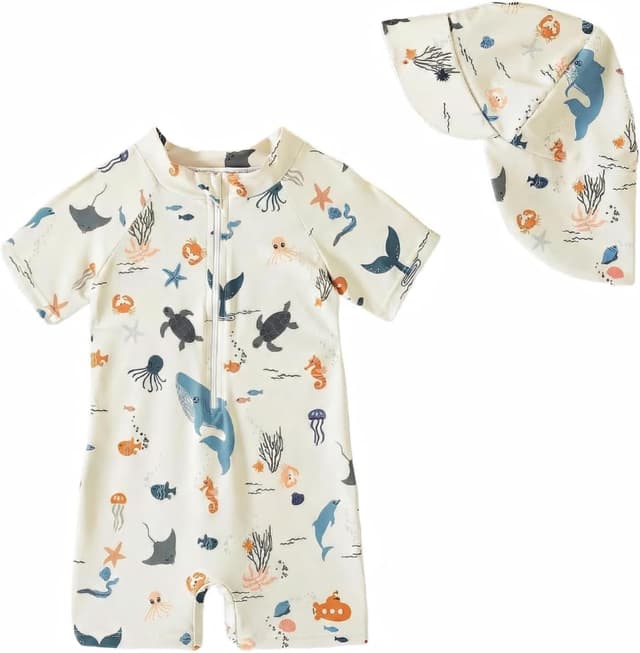Detalle de DivingBirds UV-Badebekleidung Baby: Badeanzug mit Hut, UPF 50+ für Babys & Kinder (3 Monate–4 Jahre)