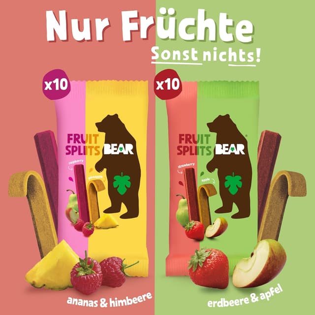 Detalle de BEAR Fruit Splits Mixbox – Fruchtsnacks ohne Zuckerzusatz in Beuteln, 20 x 20 g