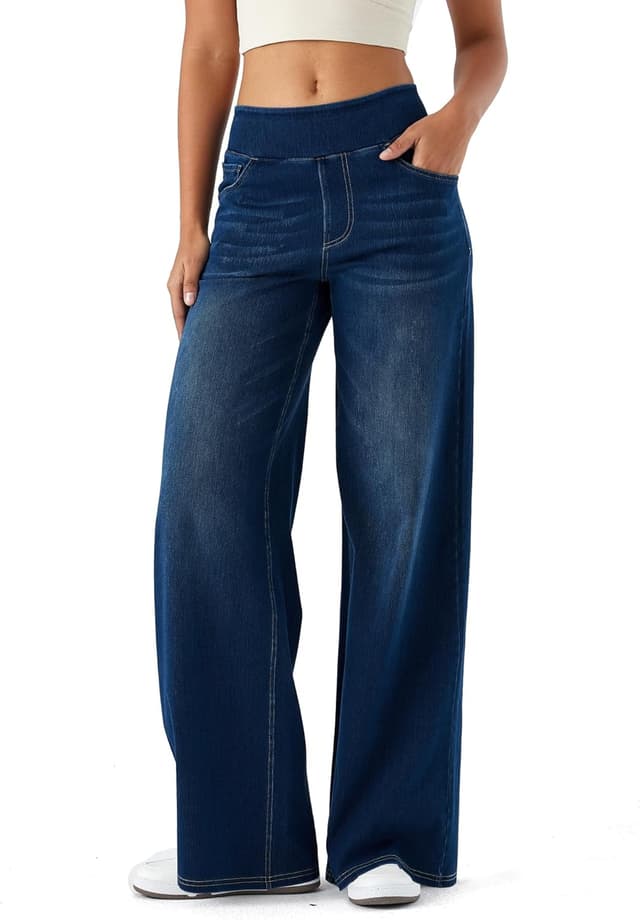 Detalle de LaiEr Large denim wide leg pants for women – high waisted slimming jeans with pockets and marble wash