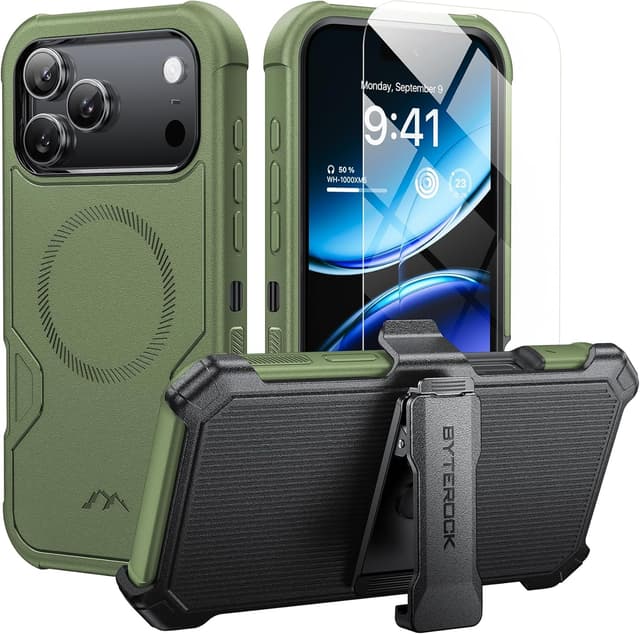Detalle de ByteRock Rugged Case for iPhone 17 Pro Max (6.9") with Belt Clip Holster, MagSafe, Shockproof Protection & 360° Kickstand (Green)