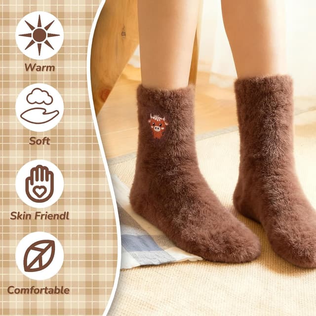 Detalle 2 de QBEJIME Highland Cow Gifts for Women: 3 Pairs Fluffy Socks (UK 4–8)