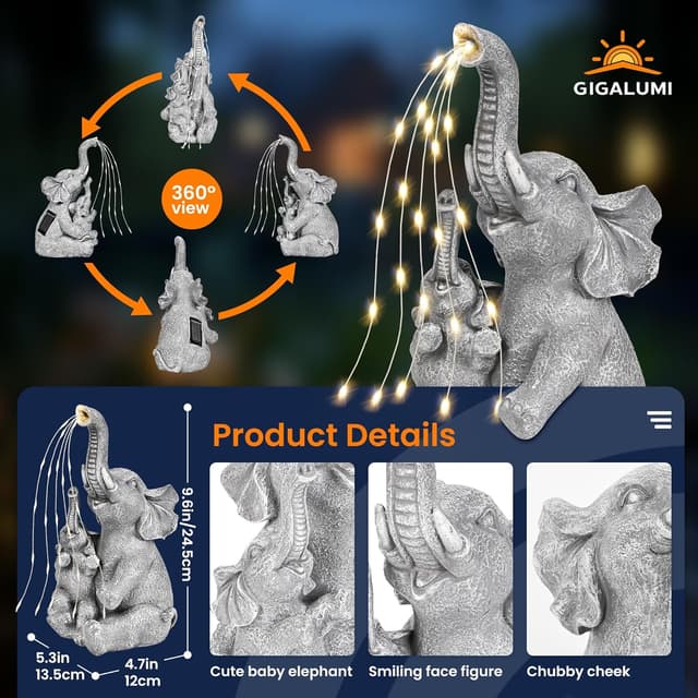 Detalle de GIGALUMI Solar Garden Statues Embrace Elephant figurine with solar lights for outdoor patio and yard decor