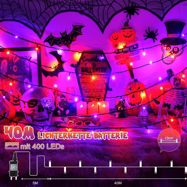 Detalle de Lincentra Halloween-Lichterkette außen 40 m (400 LEDs) Orange/Lila mit Timer & 8 Modi
