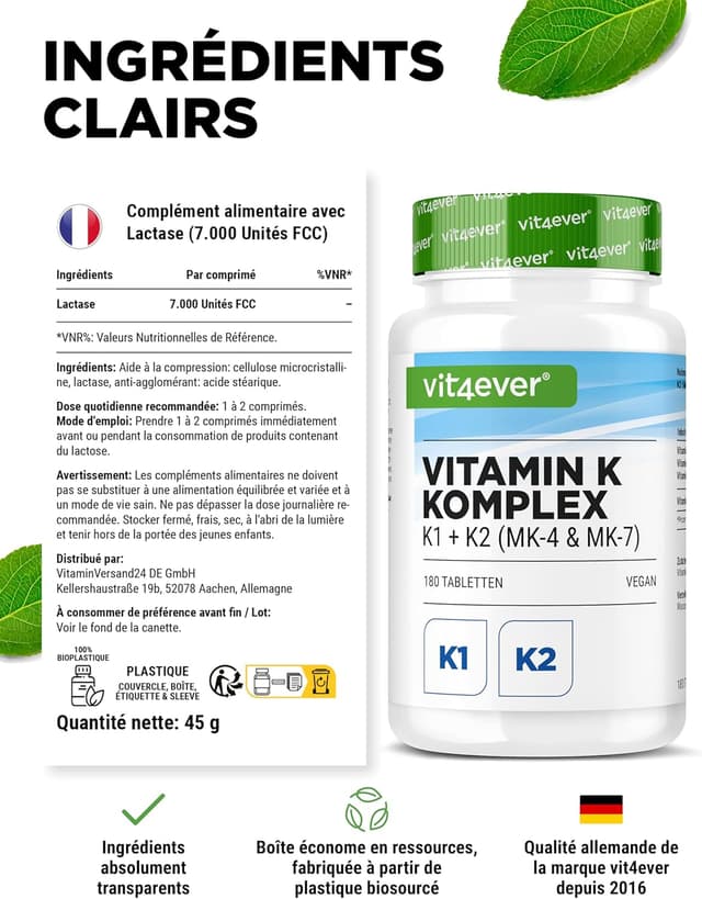 Detalle de Complexe Vitamine K vit4ever – 180 comprimés vegan (K1, MK4 & MK7) très dosé