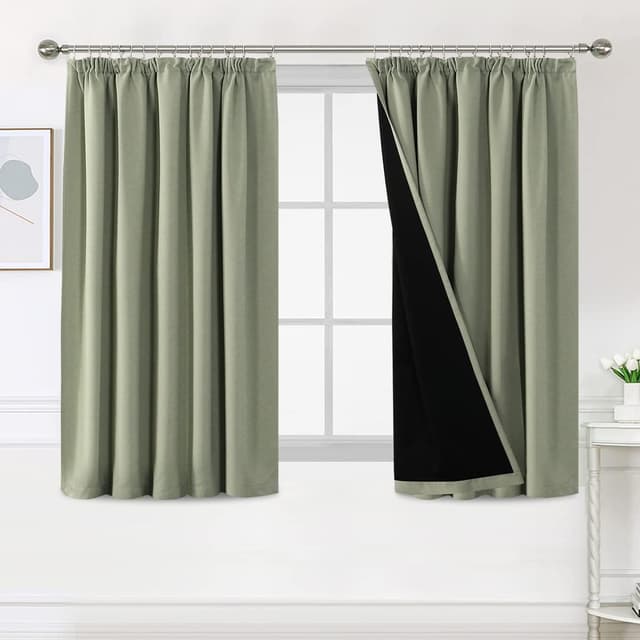 Detalle de BellaHills 100% blackout pencil pleat curtains (2 panels) in Light Sage, with black liner