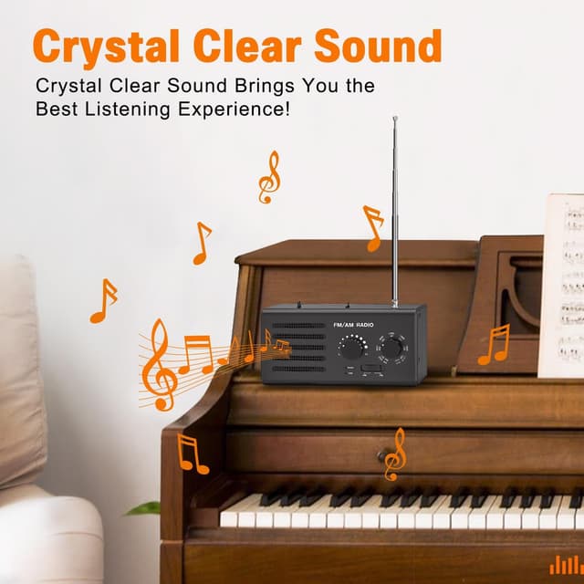 Detalle de Radio portable AM/FM noire avec réception améliorée, haut-parleur intégré, prise casque et USB