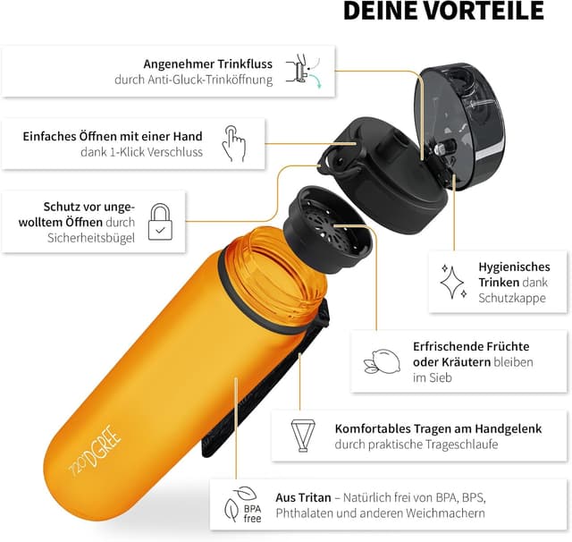 Detalle 2 de 720°DGREE Kinder-Trinkflasche 350 ml „uberBottle“ softTouch + Sieb, auslaufsicher, BPA-frei ab 3 Jahren
