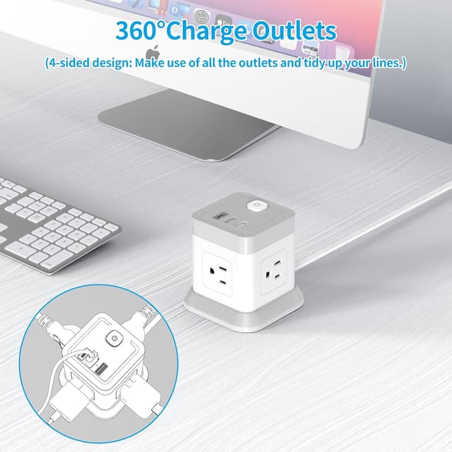 Detalle 2 de FDTEK Flat Plug Power Strip with USB (4 AC Outlets, 3 USB including USB-C) and Overload Protection, 5 ft