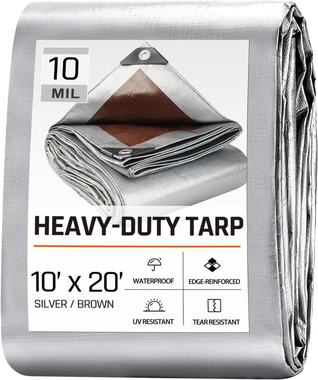 Detalle de 10 x 20 FT Waterproof Heavy Duty Tarp (10 Mil) — Silver/Brown Reversible Outdoor Cover with Rust-Proof Grommets