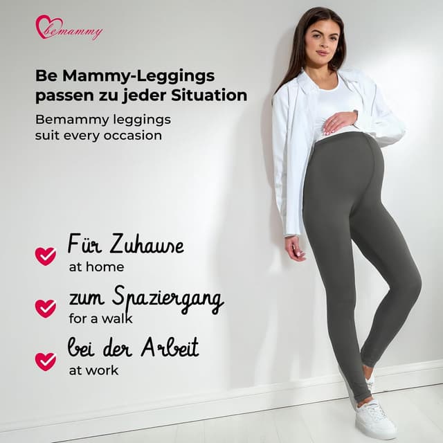 Detalle de Be Mammy Lange Umstandsleggings aus Baumwolle – Umstandsunterhosen mit hohem Bund (BE20-230)