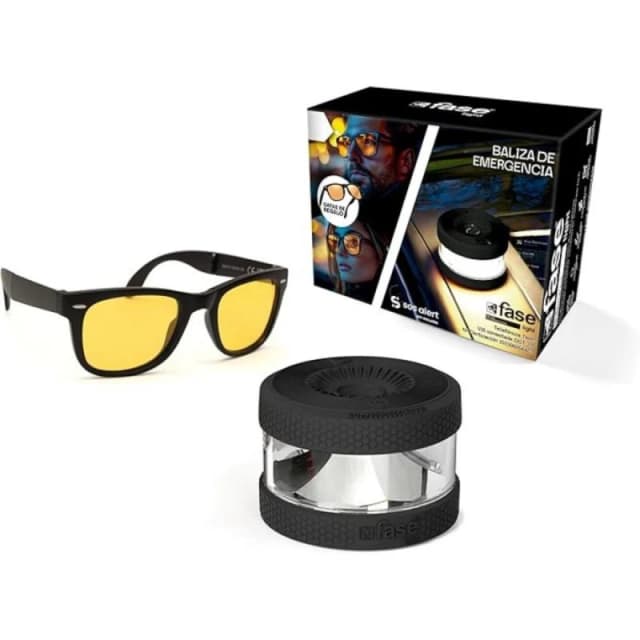 Detalle de FaseLight Baliza V16 conectada negra con gafas 🚨