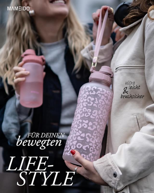 Detalle de MAMEIDO Trinkflasche mit Strohhalm & Zeitmarkierung 2 l (Tritan, auslaufsicher, BPA-frei)