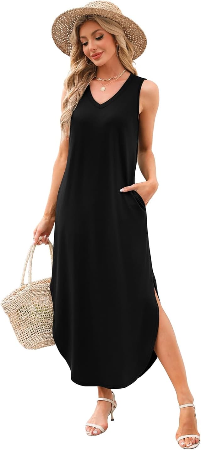 Detalle de Sampeel V-Neck Maxi Summer Dress with Pockets (Beach Vacation Style)