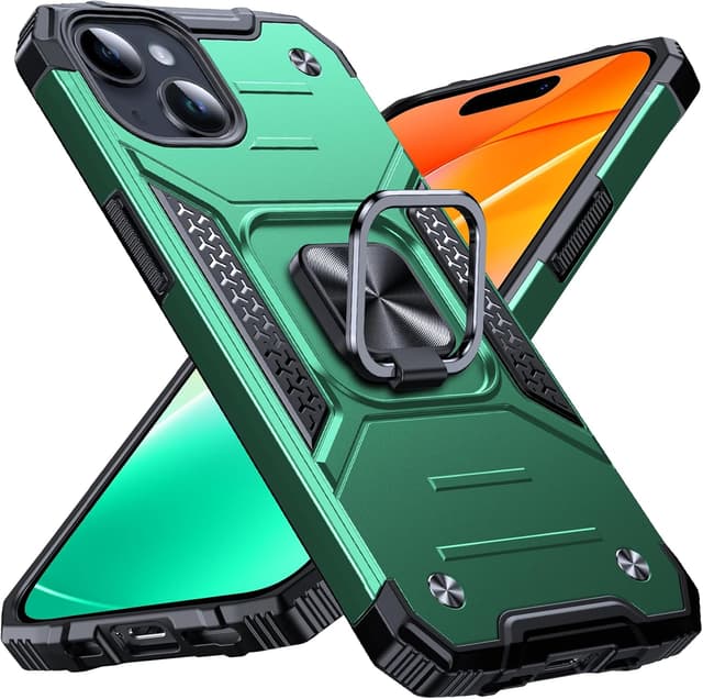 Detalle de Anqrp Armor Handyhülle für iPhone 15 mit Ringhalter und Stoßschutz (Dunkelgrün)