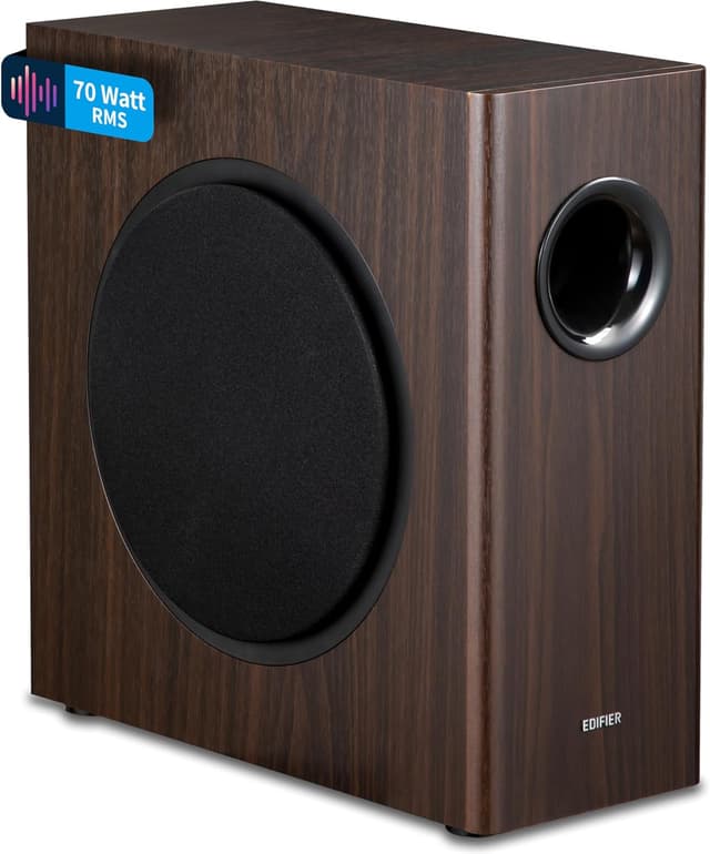 Detalle de Edifier T5s Aktiv-Subwoofer mit 8‑Zoll‑Tieftöner, 70 Watt RMS und Low‑Pass‑Filter bis 35 Hz