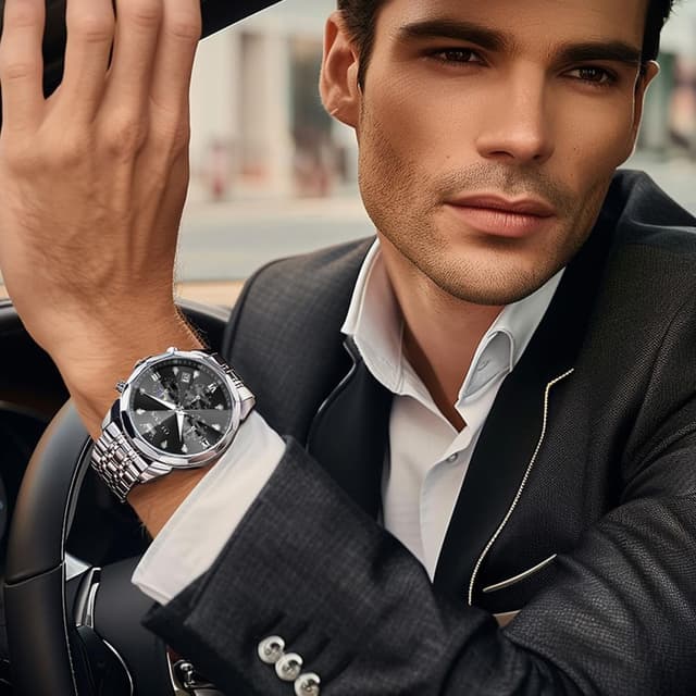 Detalle de OLEVS Herren Uhr Quarz „Luxus Business“ mit Chronograph, Mondphase, Datum und Edelstahlarmband