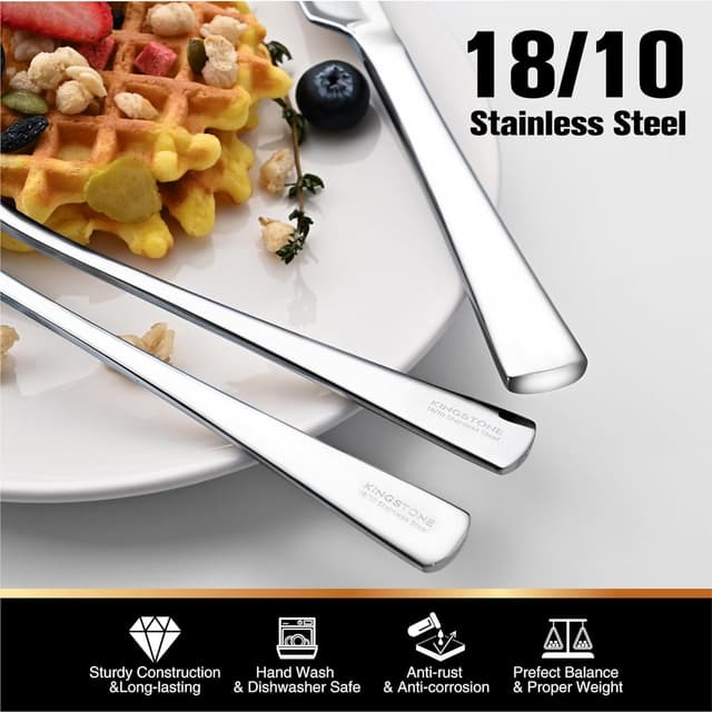 Detalle de KINGSTONE 65-Piece 18/10 Stainless Steel Silverware Set for 12 (Dishwasher Safe, Mirror Finish)