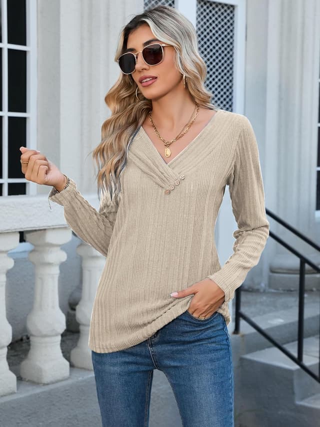 Detalle 2 de Famulily Women’s Long Sleeve V Neck Tops – cosy autumn casual jumper