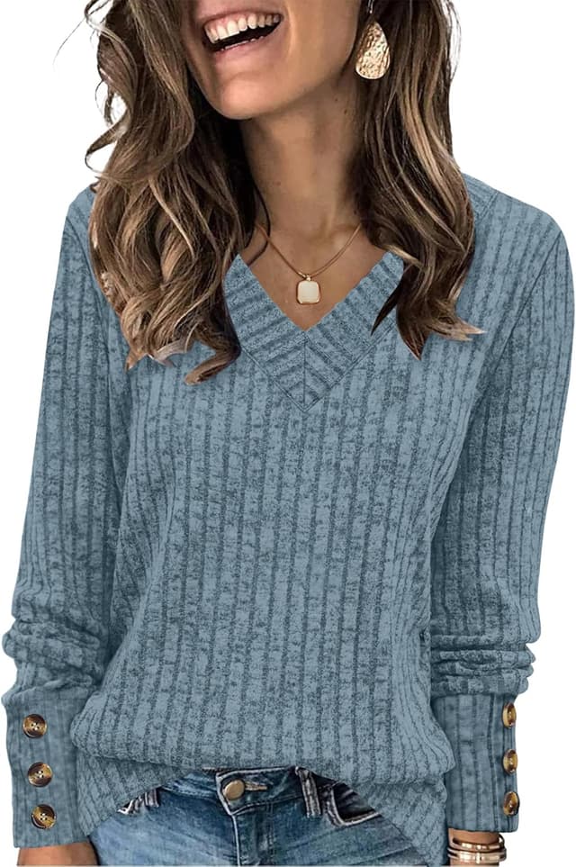 Detalle de WIHOLL V-neck long sleeve jumper tops for women – lightweight, soft and easy to layer