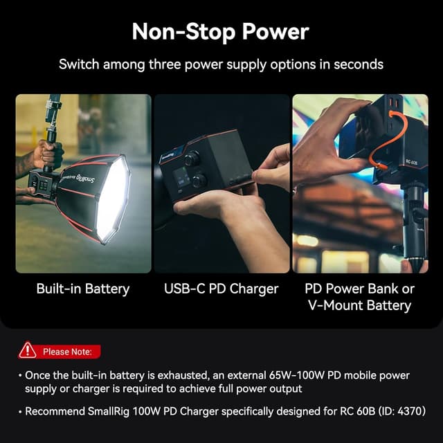 Detalle 2 de SMALLRIG RC60B COB Videoleuchte mit integriertem Akku (3400 mAh) und USB‑C PD‑Schnellladung