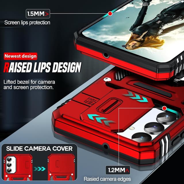 Detalle de LeYi tough armour phone case for Samsung Galaxy A17 4G/5G with slide camera lens cover, ring stand and tempered glass (Red)