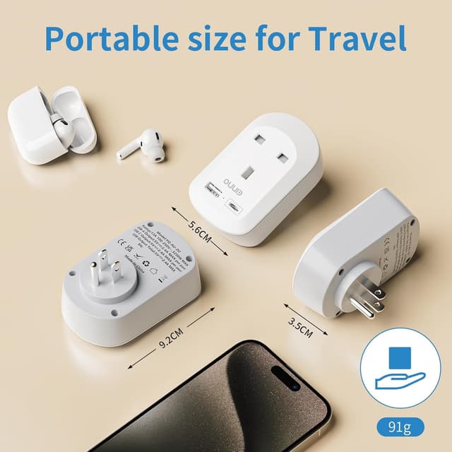Detalle 2 de EINNO UK to US Plug Adaptor 3-in-1 with USB-C & USB-A (Type B) for US, Canada, Mexico and more