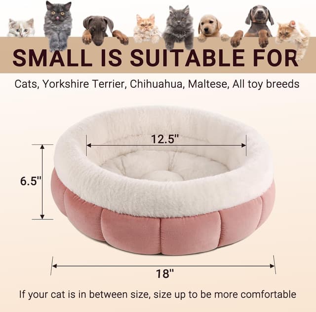 Detalle de EDMIENS Small Cat Bed (45x45x16.5cm) – Round Donut Fluffy Pet Cushion, Machine Washable, Pink