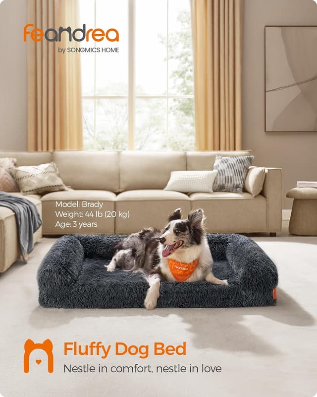 Detalle de Feandrea FluffyHug XL Dog Sofa Bed (Dark Grey) – egg crate foam with removable washable cover, 106 x 76 x 19 cm