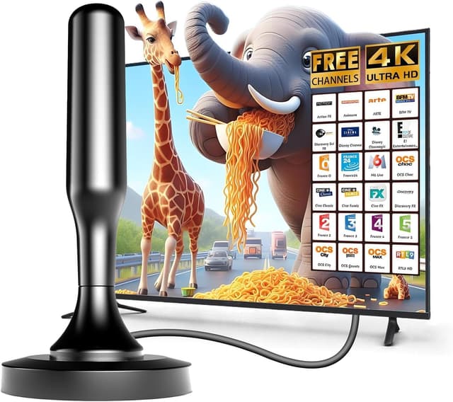 Detalle de Antenne TV intérieure puissante pour TNT (DVB-T2) – câble 2,5 m, base magnétique, compatible 4K/1080p