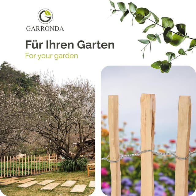 Detalle 2 de Garronda Gartenzaun zum Stecken aus Haselnüsseholz (Lattenabstand: 7–8 cm), 80 x 500 cm – für Beeteinfassung & Grundstücksabgrenzung