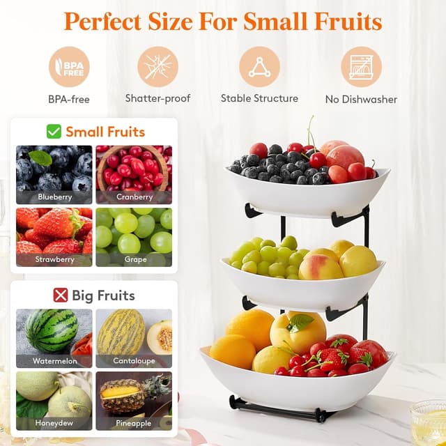 Detalle de Lifewit 3-Tier Plastic Fruit Bowl with Black Metal Stand for Kitchen Counter (PET, stackable trays)