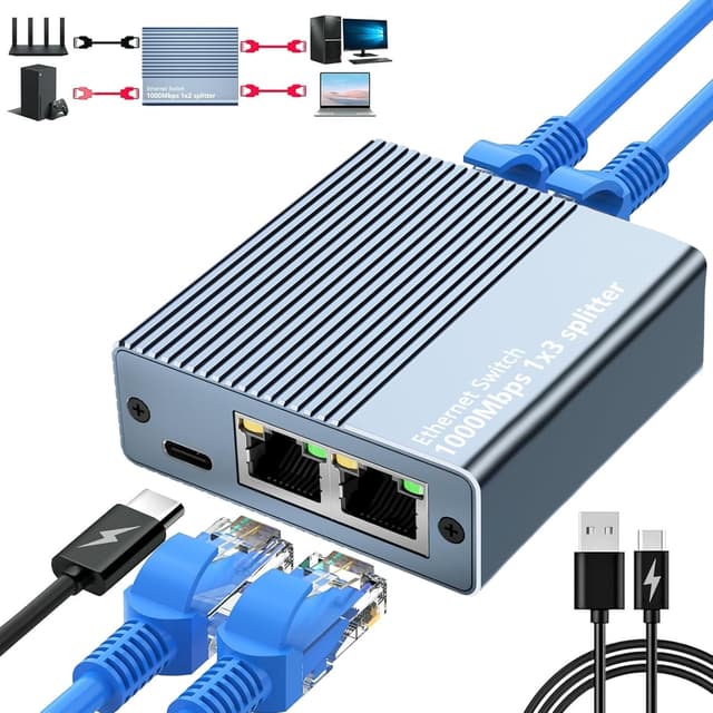 Detalle de Vecbmn Ethernet Splitter 1 to 3 (1000Mbps) with USB-C Power Cable