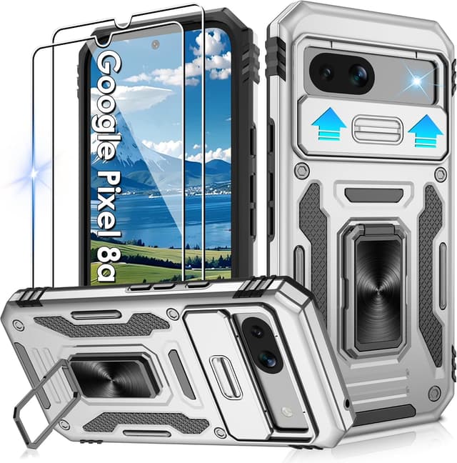 Detalle de Jshru Shockproof Case for Google Pixel 8a with 2-Pack Screen Protector (Grey) + Ring Stand