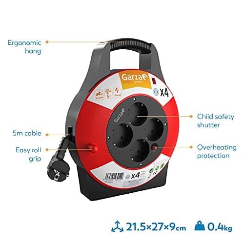 Detalle 1 de Garza Power enrollacables doméstico de 5 metros con asa y 4 tomas Schuko (negro y rojo)