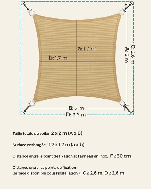 Detalle de SONGMICS Voile d’Ombrage 2 x 2 m en HDPE (GSS22EY) jaune sable