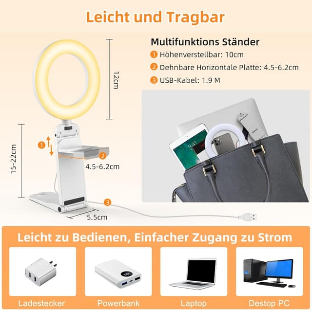 Detalle 2 de Evershop 5'' LED-Ringlicht mit Stativ & Handyhalter – 3 Lichtfarben, 10 Helligkeitsstufen, 360° drehbar