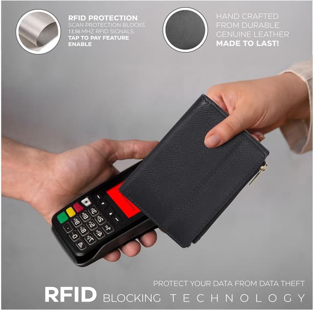 Detalle de Women’s full grain leather RFID small wallet (Nappa Black) – bifold coin purse & card/ID holder