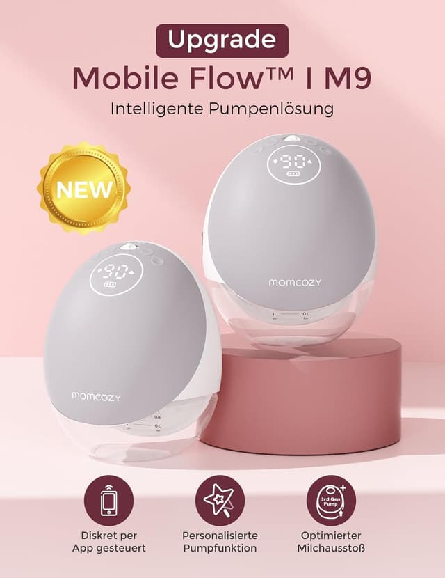 Detalle de Momcozy Mobile Flow M9 Upgrade Freihändige Milchpumpe (App-Steuerung, 15 Stufen) – Grau, 2 Stück, 24 mm