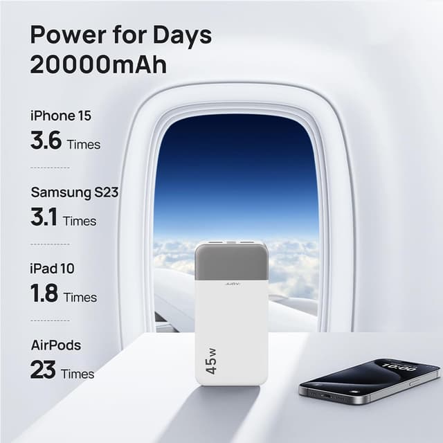 Detalle 2 de JUOVI Power Bank 20000 mAh portatile 45W con display digitale, USB-C In&Out (J2621) bianco