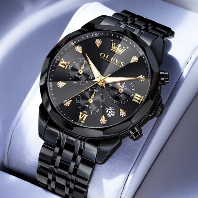 Detalle de OLEVS Herren Quarz Business-Uhr mit Chronograph, Mondphase & Datum – wasserdicht, Edelstahl