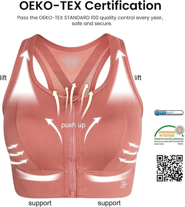 Detalle de Yvette High Impact Zip Front Sports Bra with Mesh Racerback Support (Front Closure)