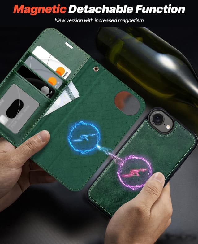 Detalle de OCASE 2-in-1 iPhone 16e/17e Handyhülle mit Kartenfach, abnehmbarer magnetischer Wallet & Handschlaufe – Dunkelgrün