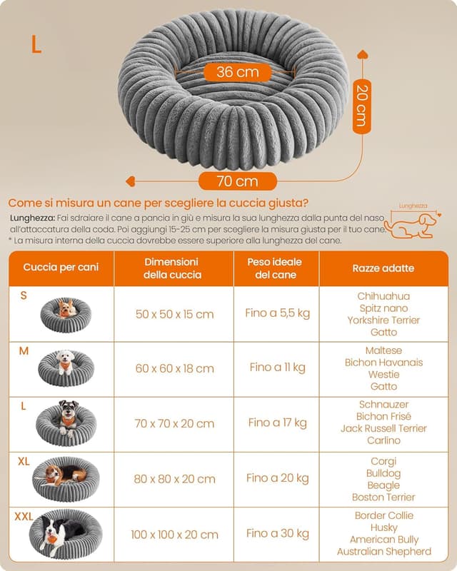 Detalle 2 de Feandrea cuccia a ciambella in peluche per cani e gatti di taglia grande, Ø 70 cm, PGW303GD01