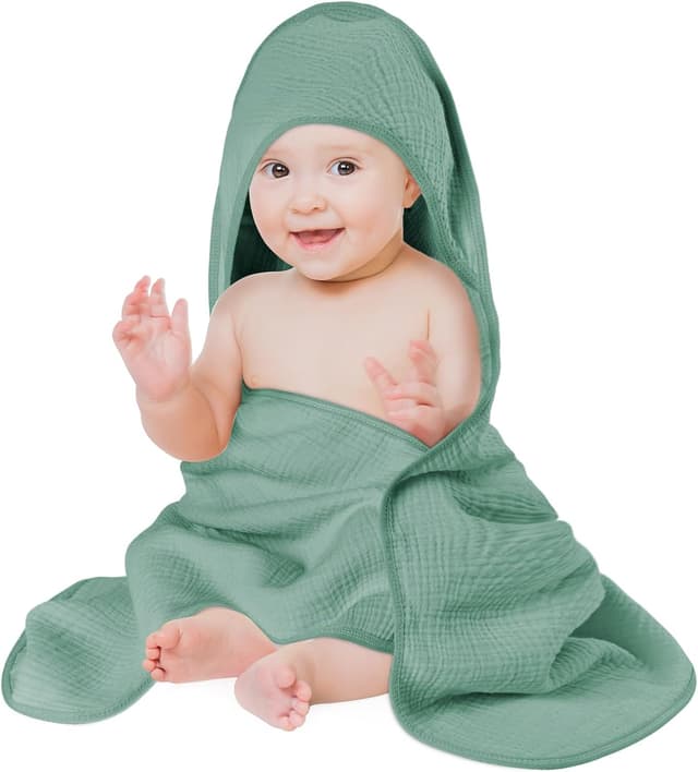 Detalle de Aolso accappatoio neonato con cappuccio 80x80 cm in crêpe, asciugamano super assorbente verde