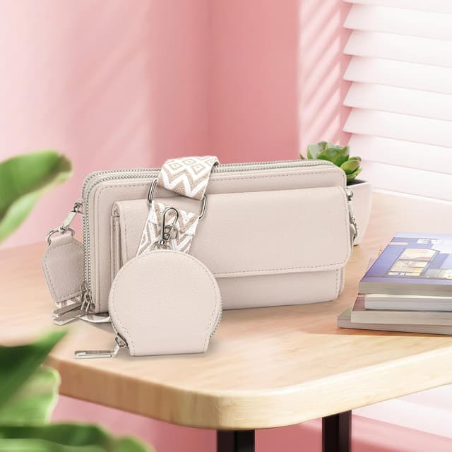 Detalle 2 de Snmoec Handytasche zum Umhängen – kleine Crossbody Bag Damen grau-rosa mit Kartensteckplatz