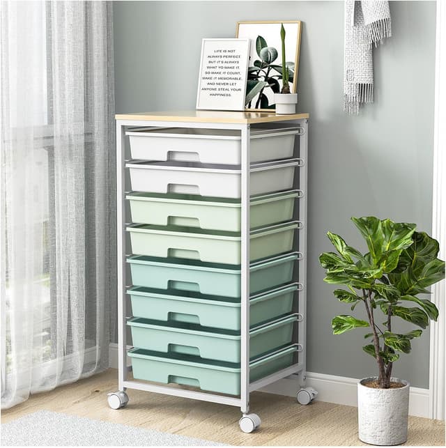 Detalle de SYKIARIOL 8-Drawer Storage Trolley with Lockable Wheels (Light Green)